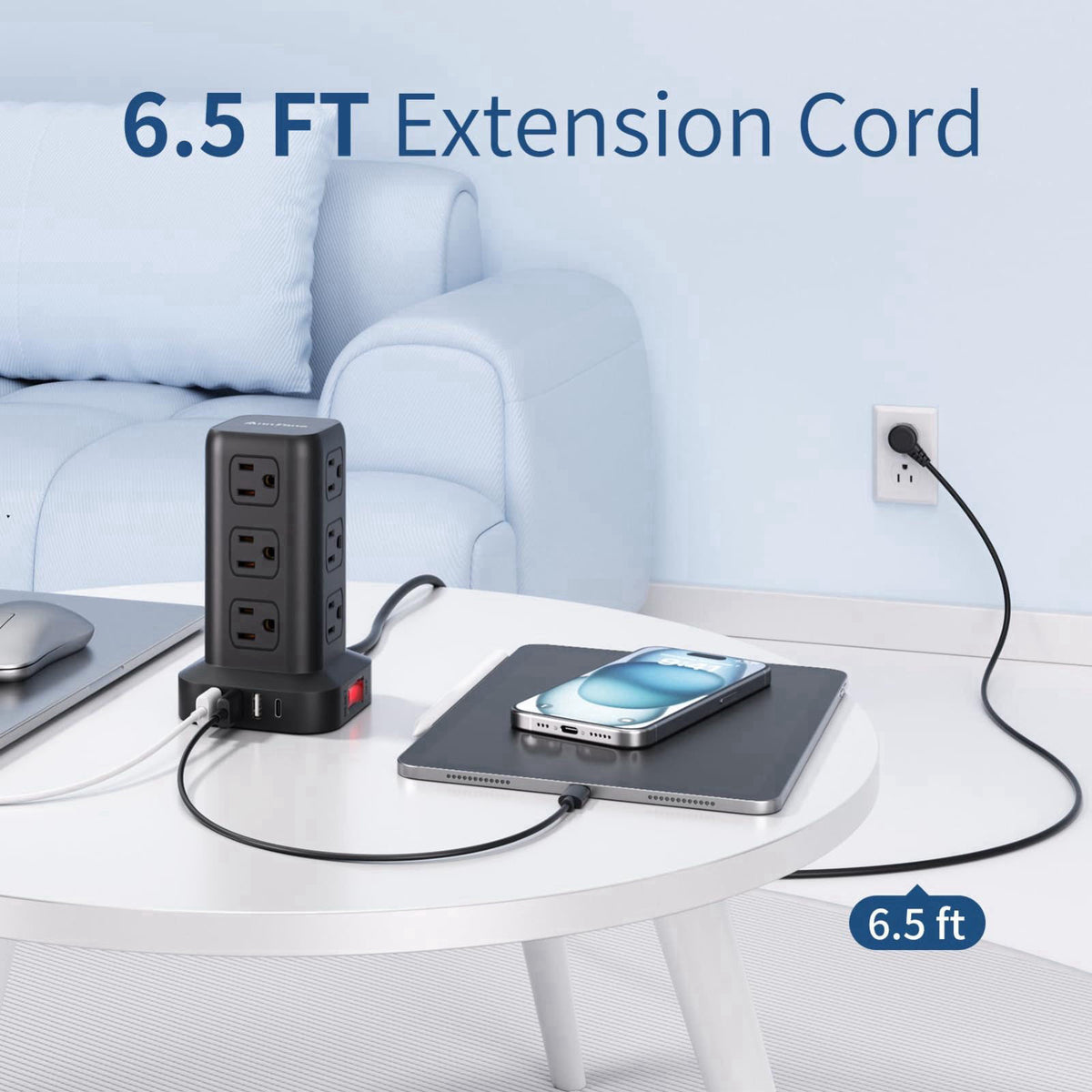AnnTane Power Strip 6.5 FT Cord, Power Strip Tower with 4 USB Ports (1USB C), Extension Cord with 12 AC Multiple Outlets