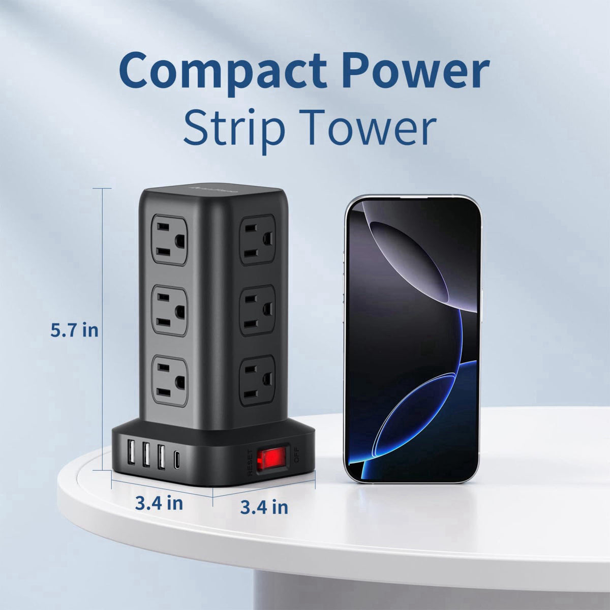 AnnTane Power Strip 6.5 FT Cord, Power Strip Tower with 4 USB Ports (1USB C), Extension Cord with 12 AC Multiple Outlets