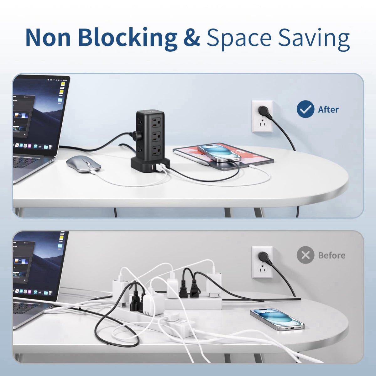 AnnTane Power Strip 6.5 FT Cord, Power Strip Tower with 4 USB Ports (1USB C), Extension Cord with 12 AC Multiple Outlets