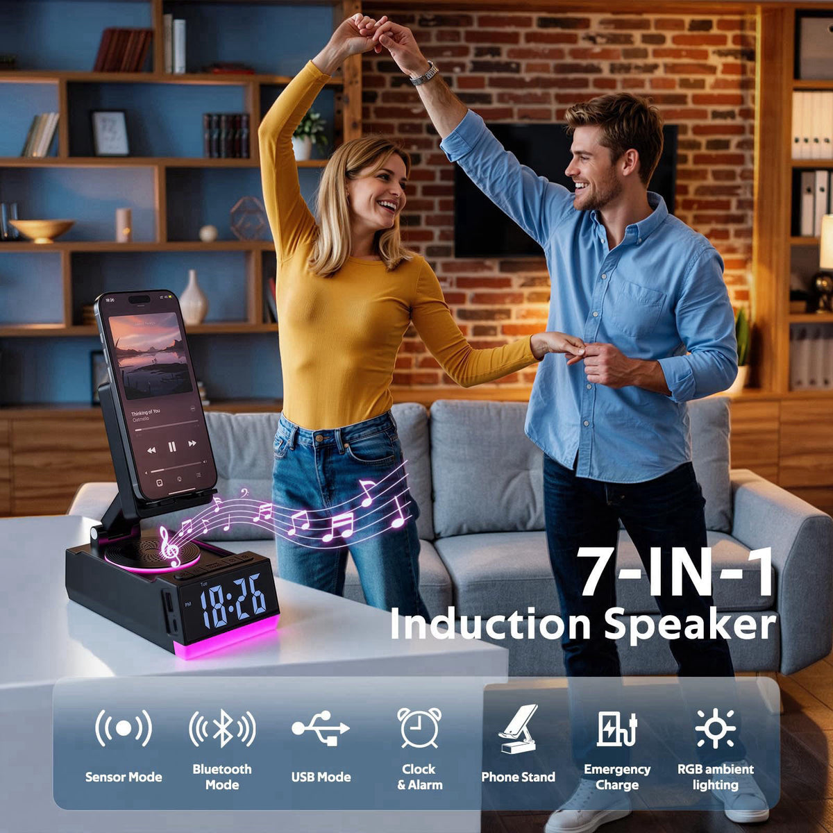 GLOPUS Induction Speaker, 7 in 1 Cell Phone Stand with Wireless Bluetooth Speaker & RGB Light, Christmas Stocking Stuffe