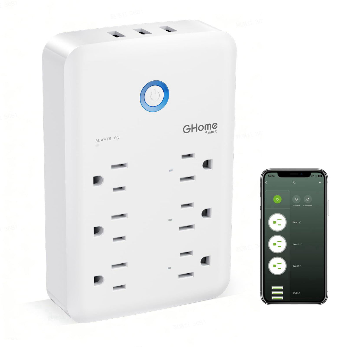 GHome Smart Plug Outlet Extender, USB Wall Charger with 3 Individual Smart Outlets and 3 Smart USB Ports, Works with Ale