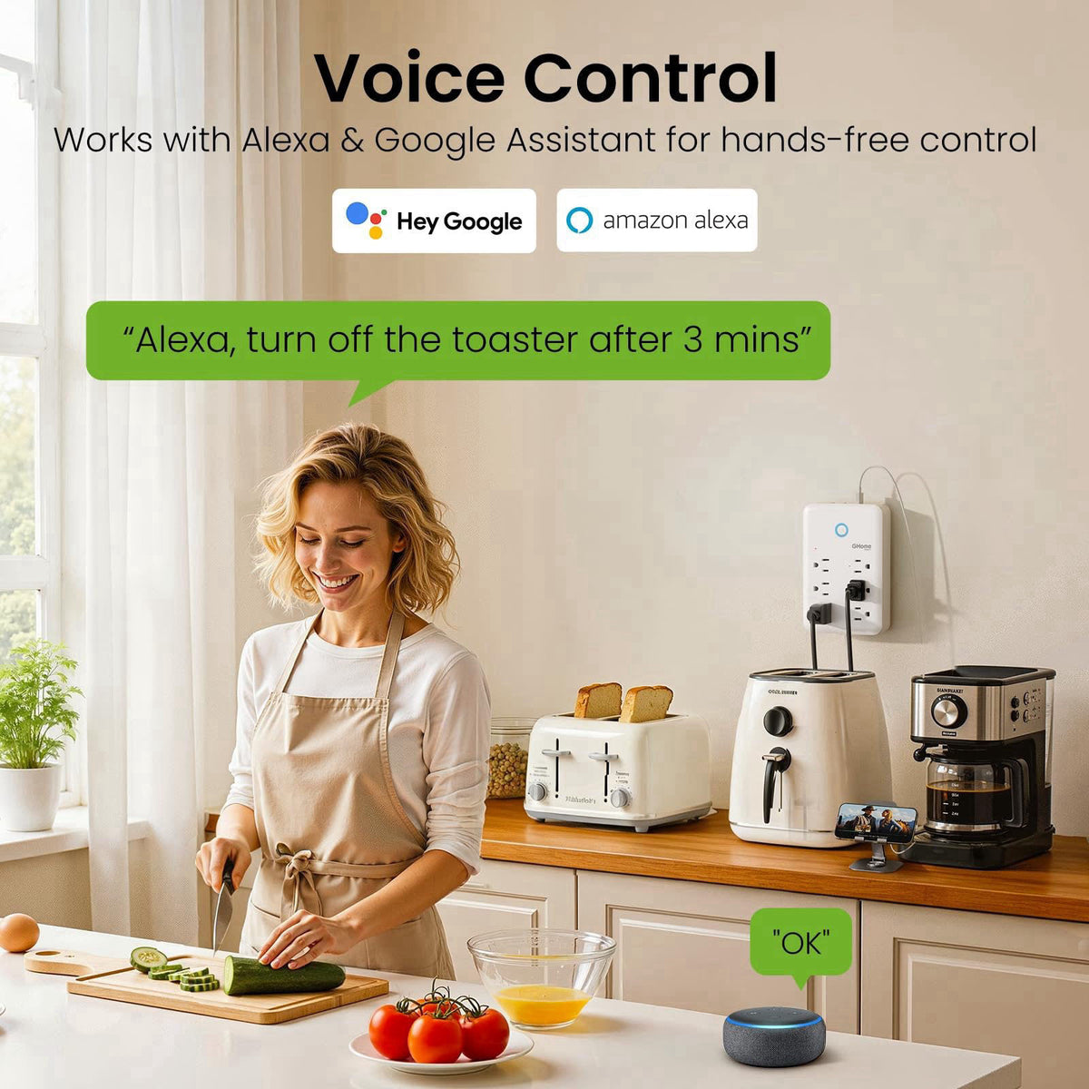 GHome Smart Plug Outlet Extender, USB Wall Charger with 3 Individual Smart Outlets and 3 Smart USB Ports, Works with Ale