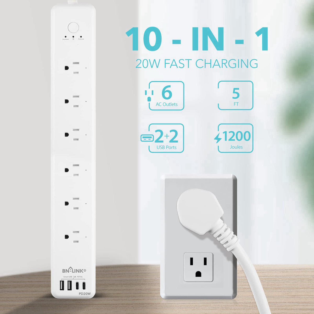 BN-LINK BN LINK Smart Plug Power Strip，Surge Protector with 6 Individually Controlled Smart Outlets, 4 USBs (incl. 20W U