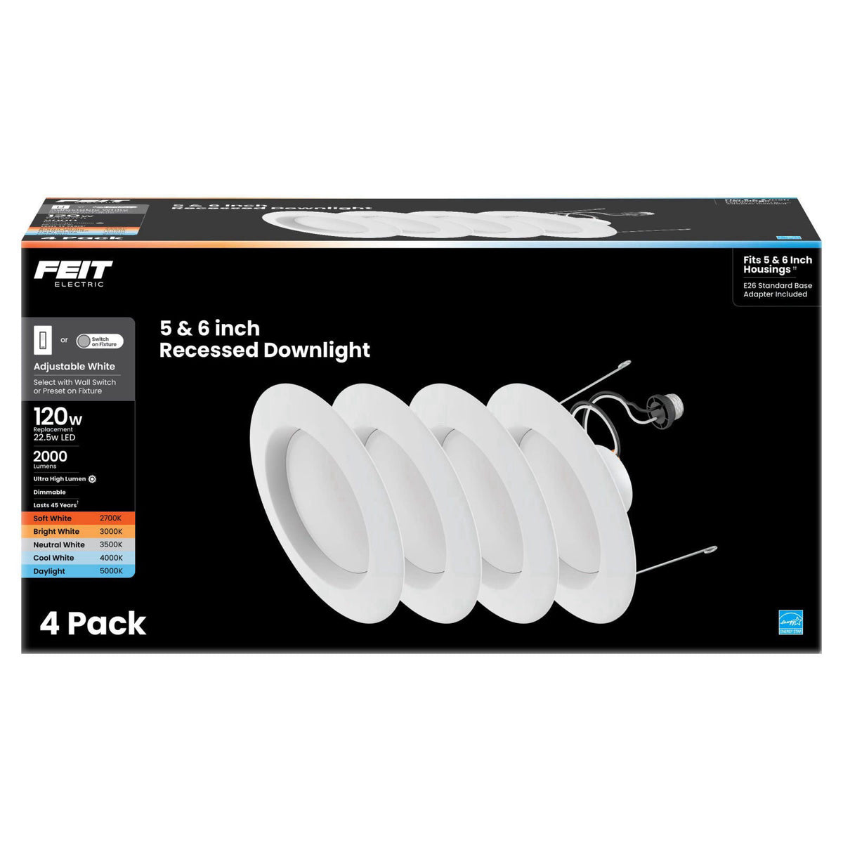 Feit Electric 5/6in LED Recessed Downlight Retrofit Kit, 120W Eq, 4 Pack – product photo (Close To Ceiling Lights)
