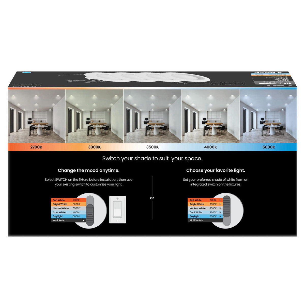 Feit Electric 5/6in LED Recessed Downlight Retrofit Kit, 120W Eq, 4 Pack – packaging and label
