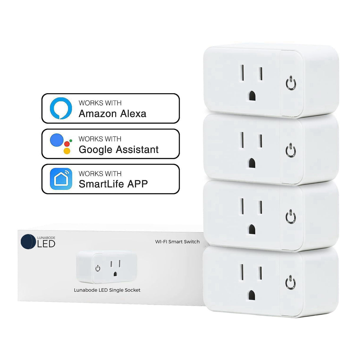 Lunabode LED 4 Pack Smart Home Wi-Fi Plugs - Alexa & Google Home Compatible, White, Toggle Switch, Automatic Operation –