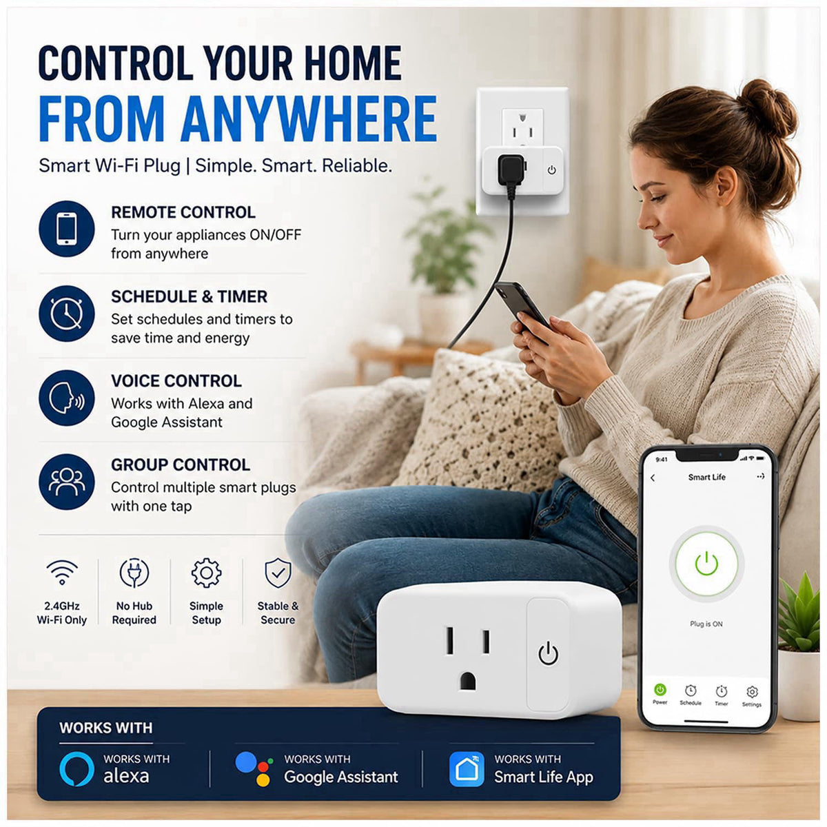 Lunabode LED 4 Pack Smart Home Wi-Fi Plugs - Alexa & Google Home Compatible, White, Toggle Switch, Automatic Operation –
