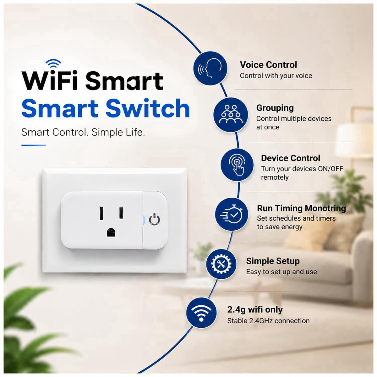 Lunabode LED 4 Pack Smart Home Wi-Fi Plugs - Alexa & Google Home Compatible, White, Toggle Switch, Automatic Operation –