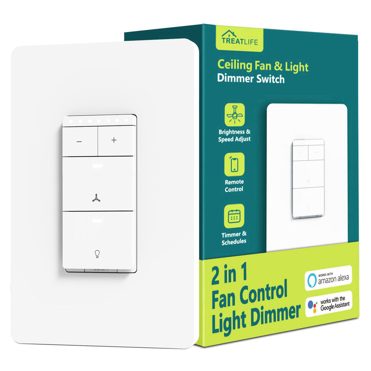 Smart Ceiling Fan Control and Dimmer Light Switch, Neutral Wire Needed, TREATLIFE 2.4Ghz Single Pole Wi-Fi Fan and Light