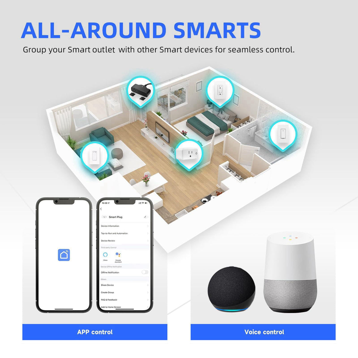 junlit Smart Wall Outlet, TR Receptacle, Alexa & Google, 2.4 G WiFi, ETL&FCC, 4 PK – packaging and label