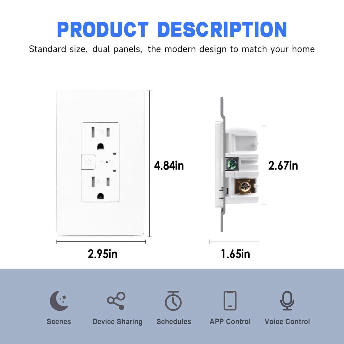 junlit Smart Wall Outlet, TR Receptacle, Alexa & Google, 2.4 G WiFi, ETL&FCC, 4 PK – back view and specifications