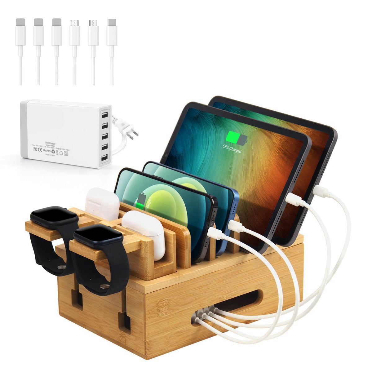 Deefielly Bamboo Charging Station for Multiple Devices, Multi-Port USB Charger Organizer Stand for Phone, Earphone, Smar