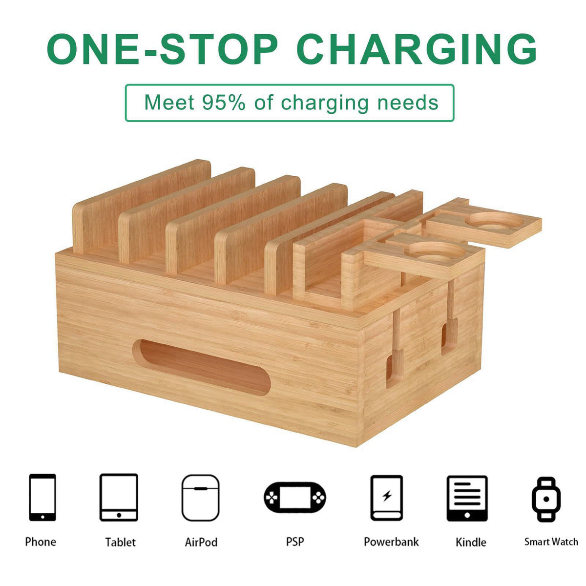 Deefielly Bamboo Charging Station for Multiple Devices, Multi-Port USB Charger Organizer Stand for Phone, Earphone, Smar