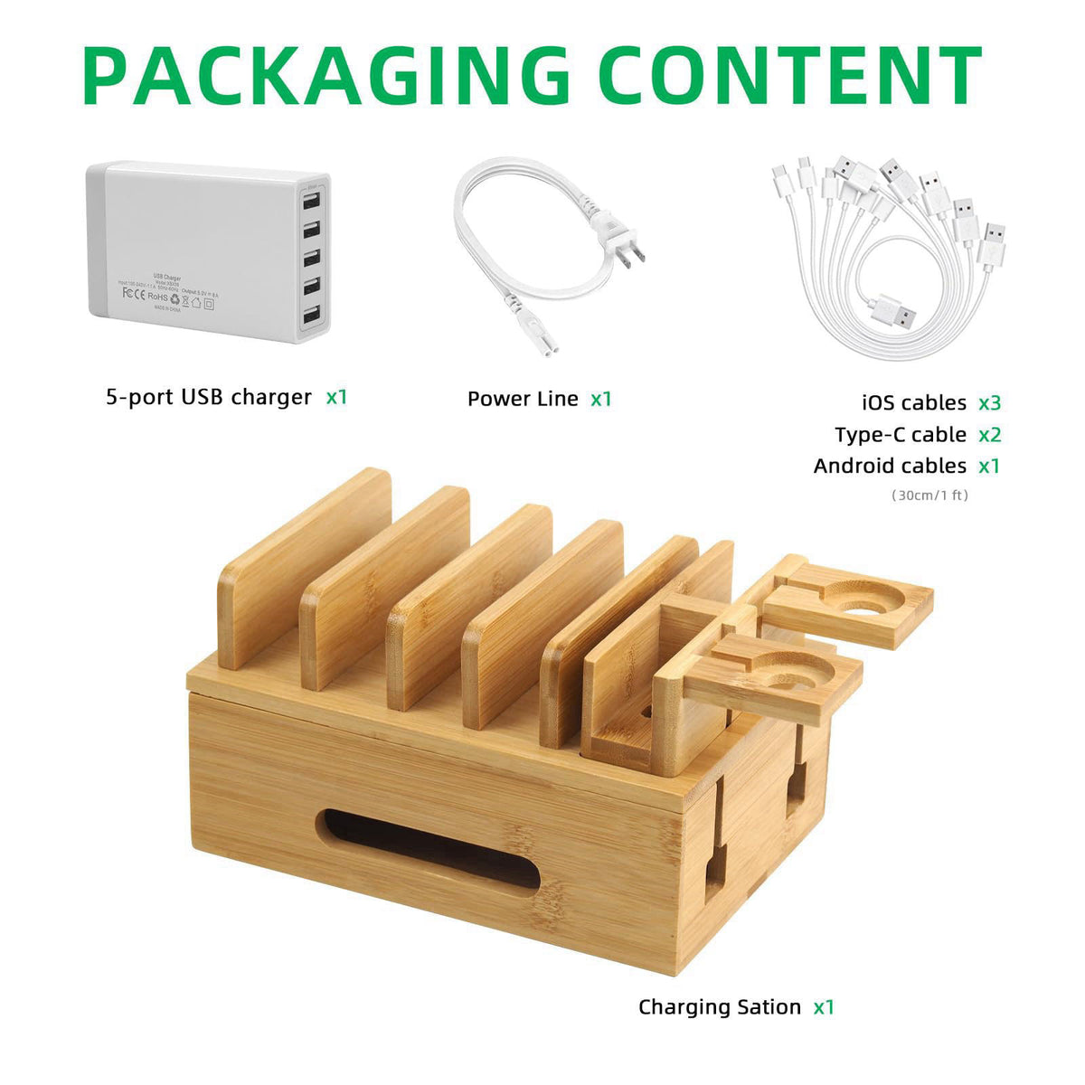 Deefielly Bamboo Charging Station for Multiple Devices, Multi-Port USB Charger Organizer Stand for Phone, Earphone, Smar