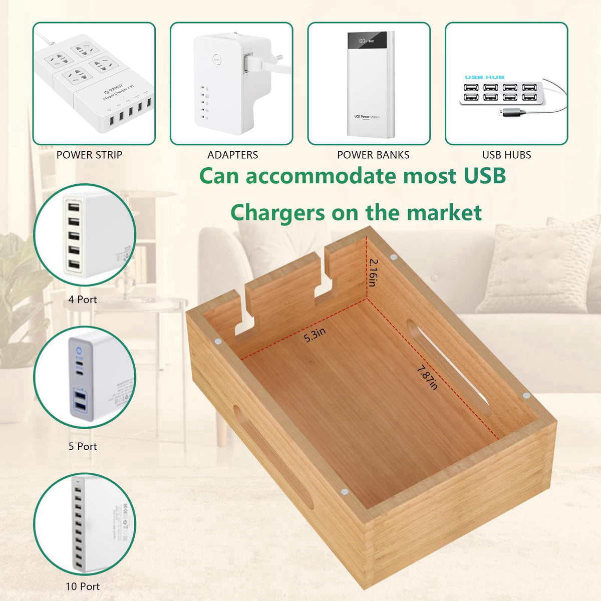 Deefielly Bamboo Charging Station for Multiple Devices, Multi-Port USB Charger Organizer Stand for Phone, Earphone, Smar