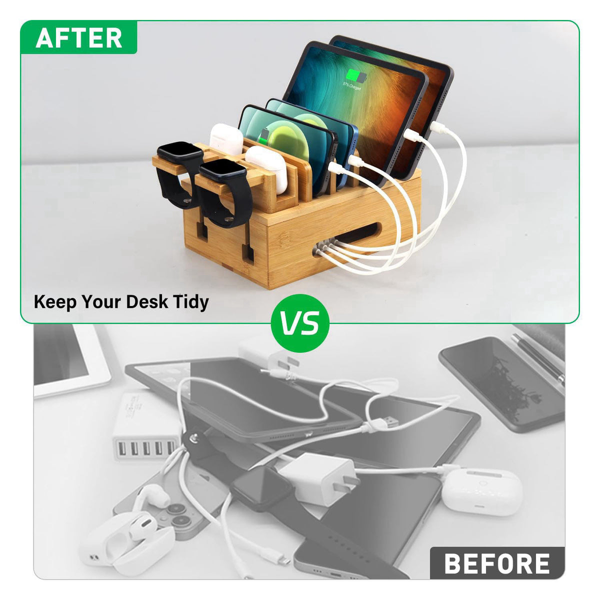 Deefielly Bamboo Charging Station for Multiple Devices, Multi-Port USB Charger Organizer Stand for Phone, Earphone, Smar
