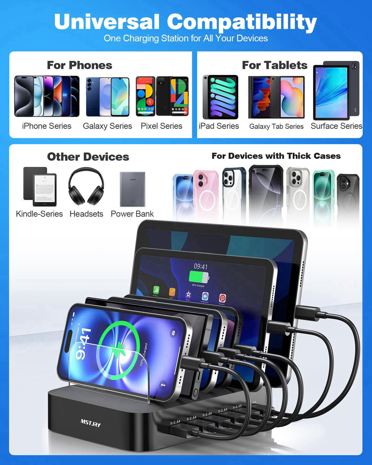 MSTJRY Charging Station for Multiple Devices : 6 Port USB Charger Stations - Family Multi-Device Organizer Charging Dock