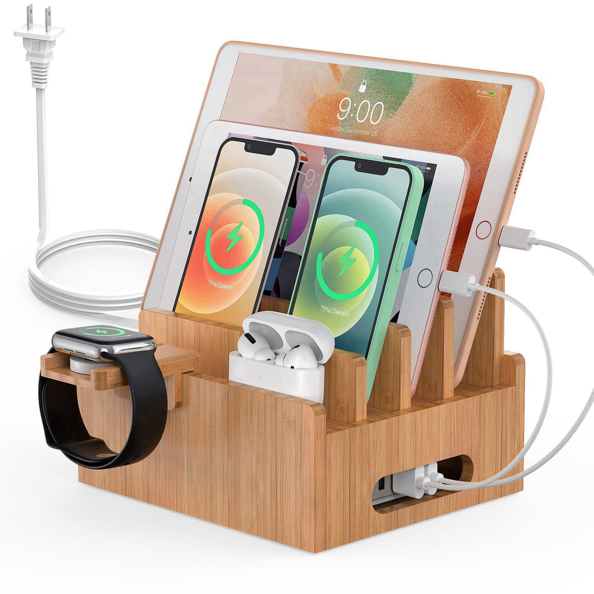 Pezin & Hulin Bamboo Charging Station with USB Charger,5Cables-Natural – With Charger, Bamboo