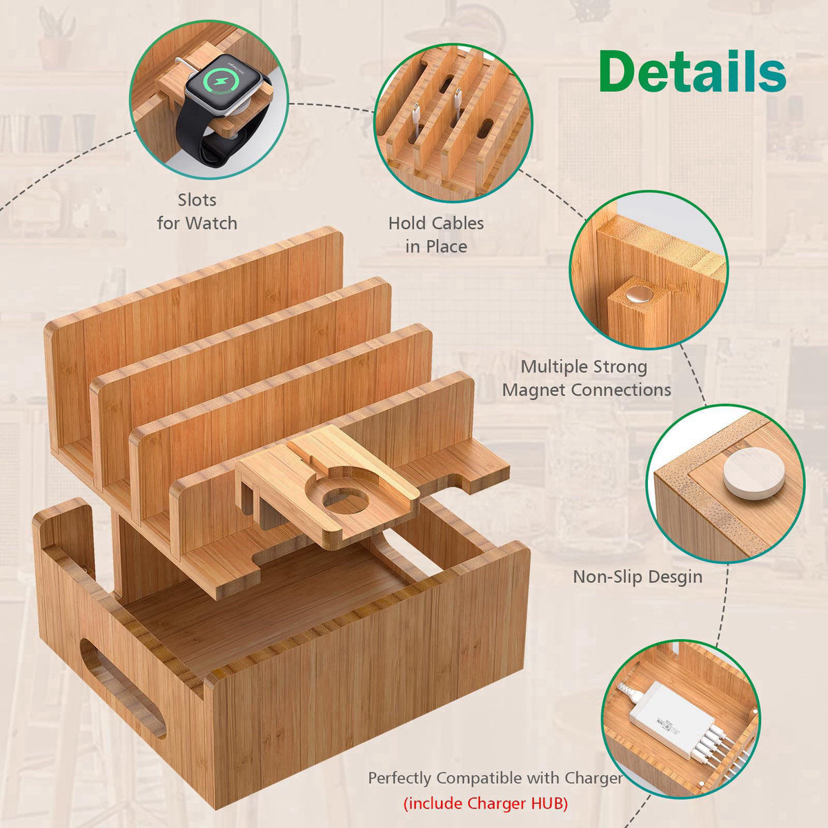 Pezin & Hulin Bamboo Charging Station with USB Charger,5Cables-Natural – packaging and label
