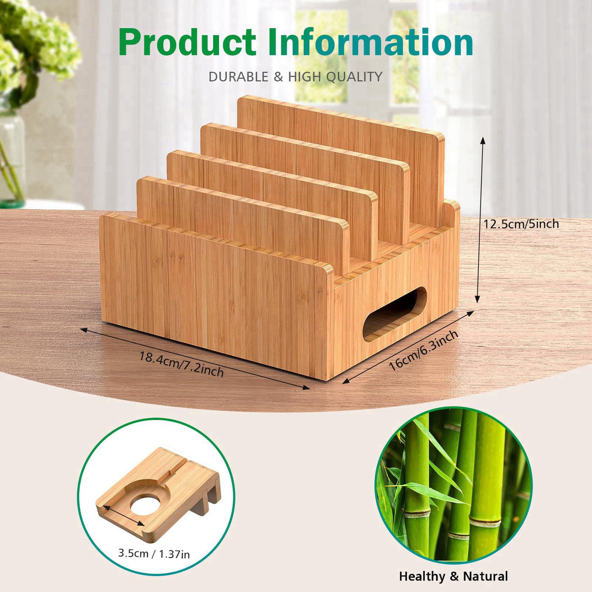 Pezin & Hulin Bamboo Charging Station with USB Charger,5Cables-Natural – back view and specifications