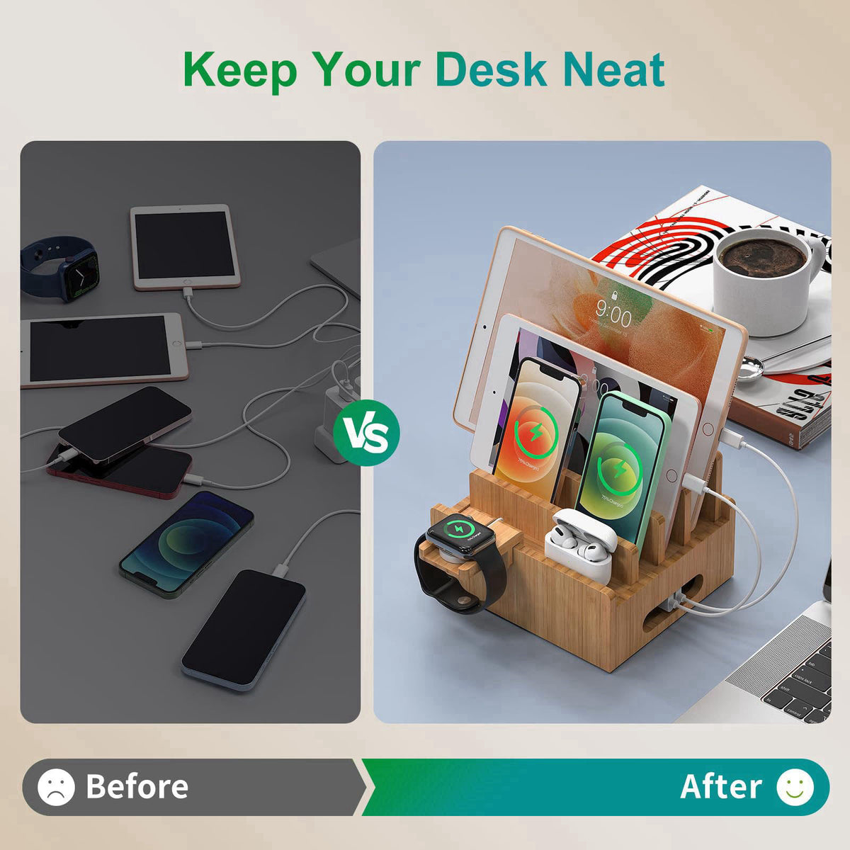 Pezin & Hulin Bamboo Charging Station with USB Charger,5Cables-Natural – alternate angle
