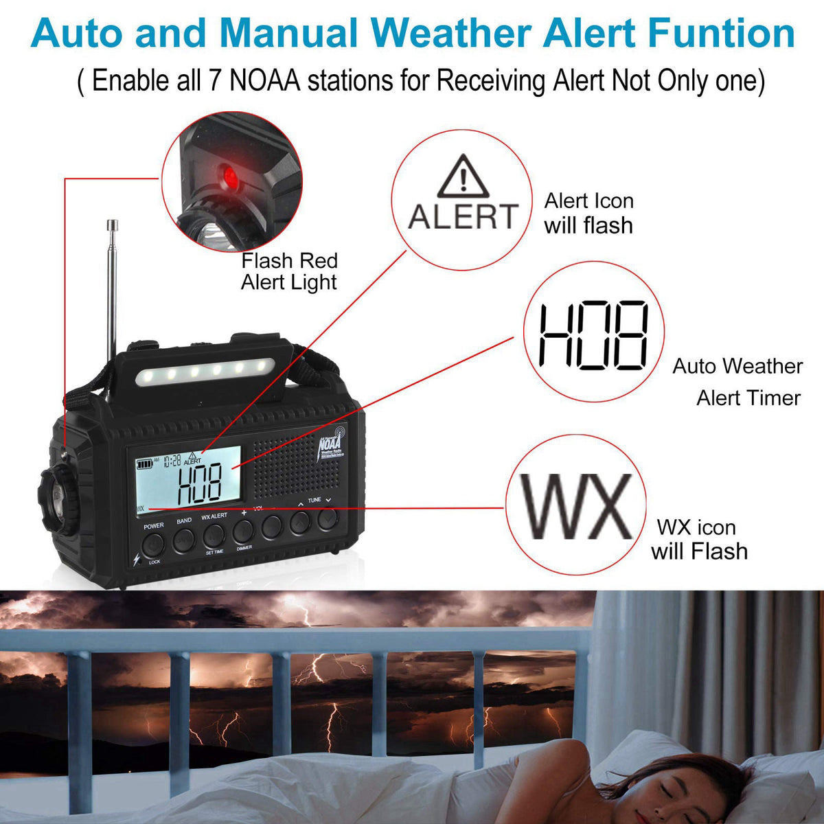 Mesqool Weather Radio Auto Alert Digital with LCD Screen, 5000mAh 5 Way Powered – close-up detail