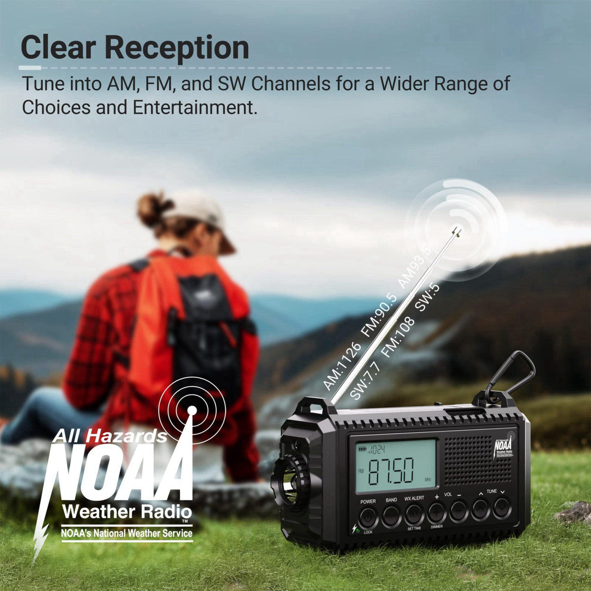 Mesqool Weather Radio Auto Alert Digital with LCD Screen, 5000mAh 5 Way Powered – packaging and label