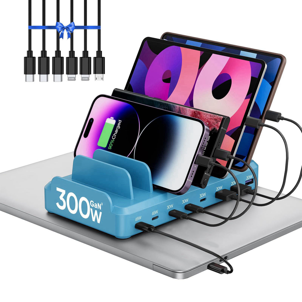 Lcssio 300W Charging Station for Multiple Devices, 8 Port Fast Charger – back view and specifications