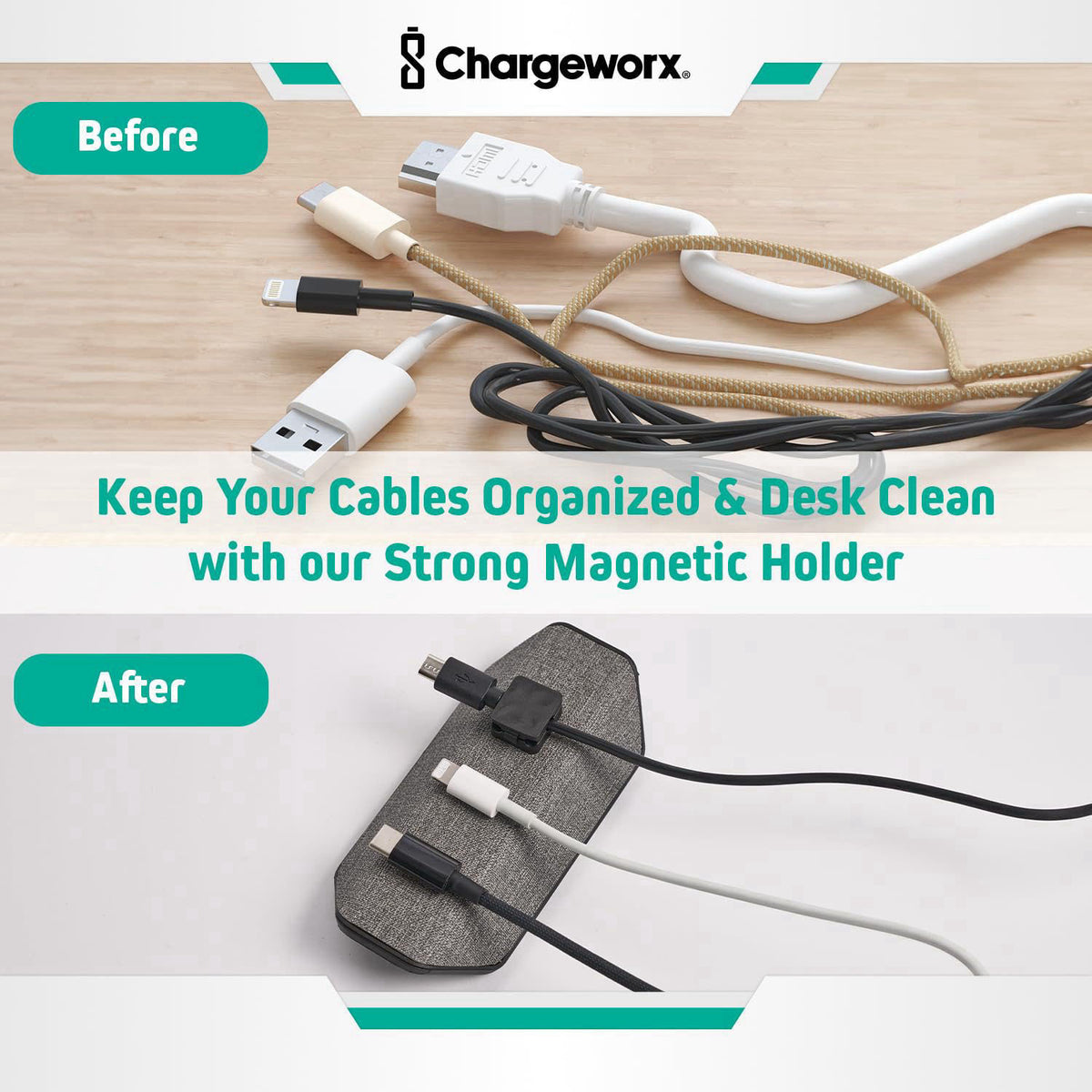 CHARGEWORX Magnetic Cable Management Organizer 4-PK, Cord Holder, 12 Clips, Desk Setup – close-up detail in 4-PK Gray