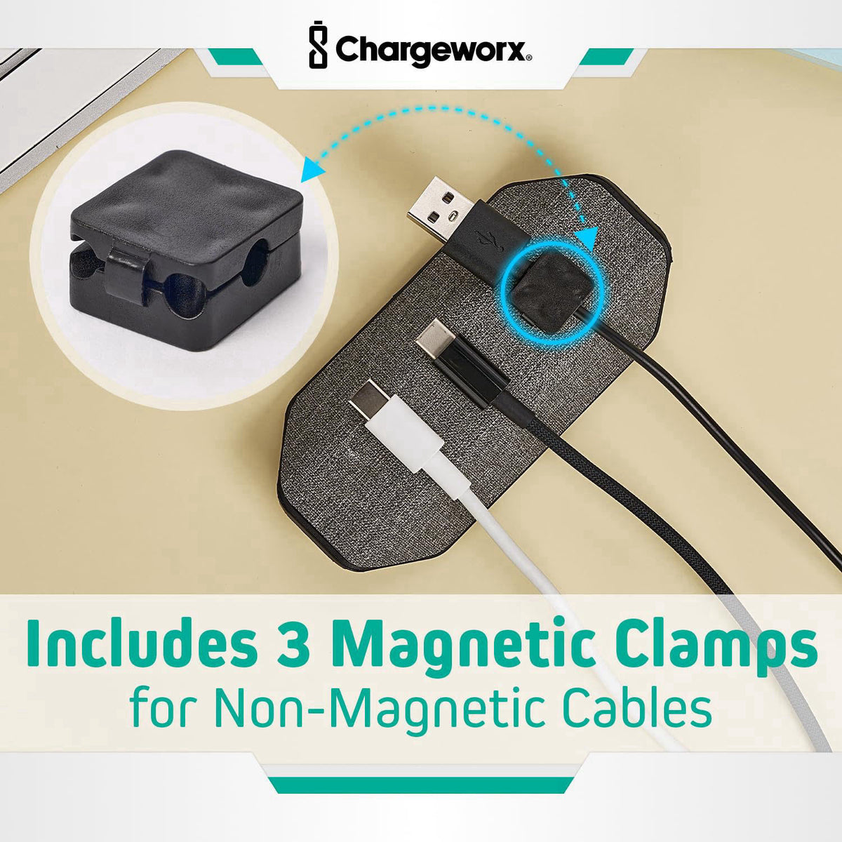CHARGEWORX Magnetic Cable Management Organizer 4-PK, Cord Holder, 12 Clips, Desk Setup – full view