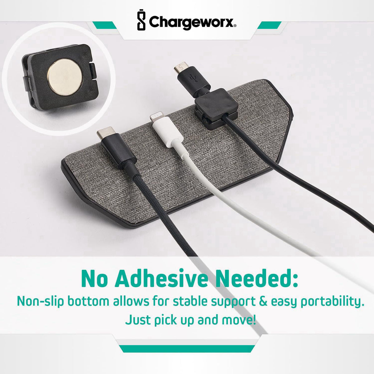 CHARGEWORX Magnetic Cable Management Organizer 4-PK, Cord Holder, 12 Clips, Desk Setup – back view and specifications