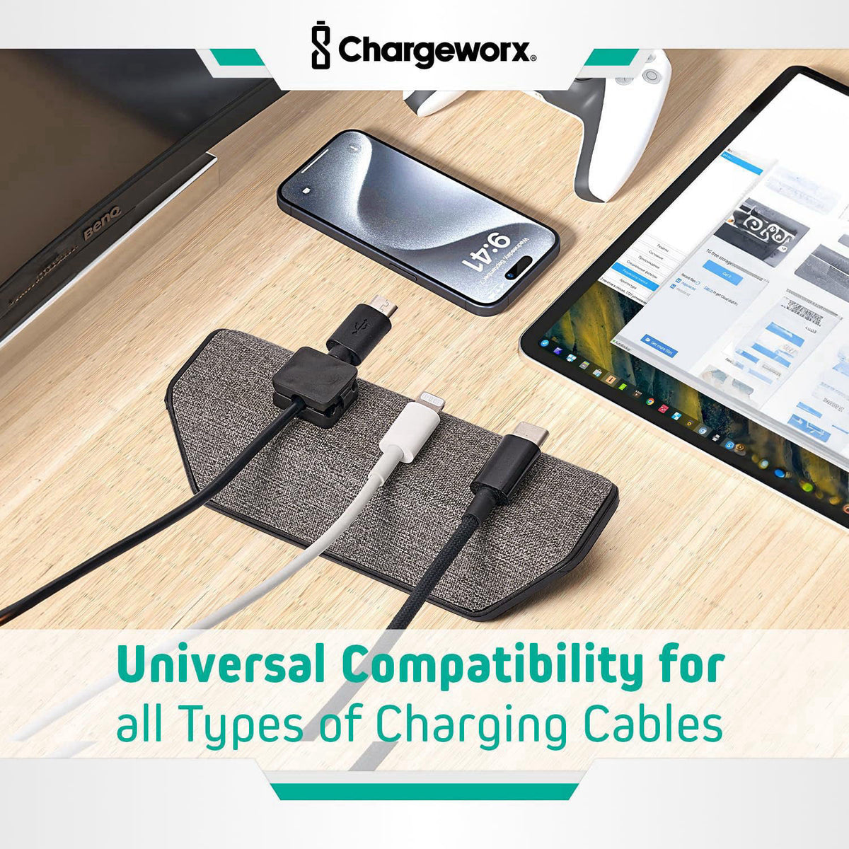 CHARGEWORX Magnetic Cable Management Organizer 4-PK, Cord Holder, 12 Clips, Desk Setup – alternate angle