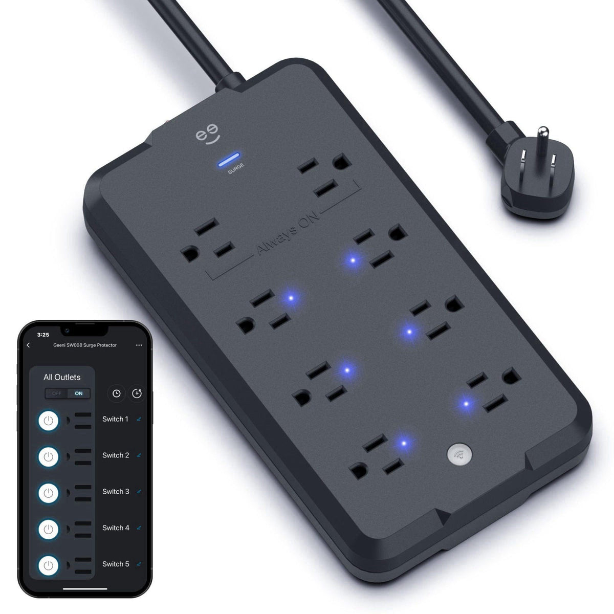 Geeni Surge Ultra Smart 8-Outlet Surge Protector, No Hub, 6 ft. Cord, Black – 1-Pack 2-Pack 2-Pack 4-Pack 1-Pack