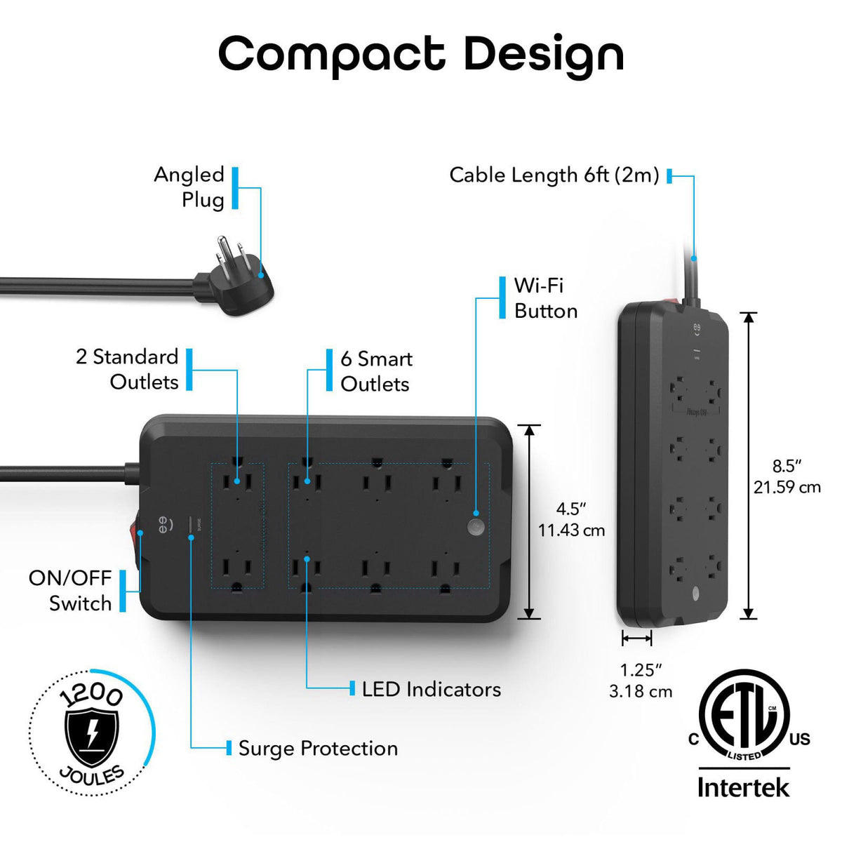 Geeni Surge Ultra Smart 8-Outlet Surge Protector, No Hub, 6 ft. Cord, Black – alternate angle