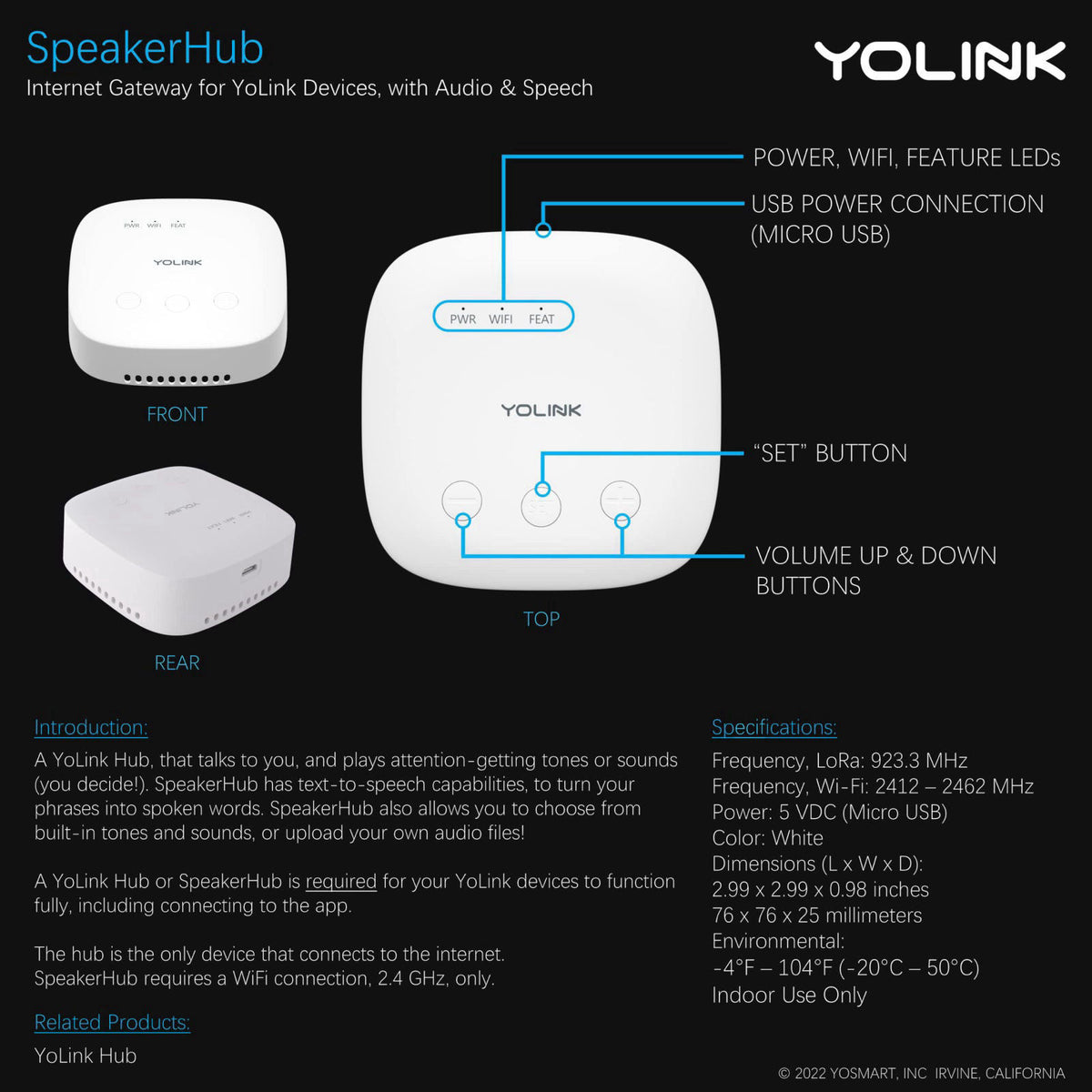 YoLink SpeakerHub Smart Home Hub with Voice Alerts, YS1604 – back view and specifications