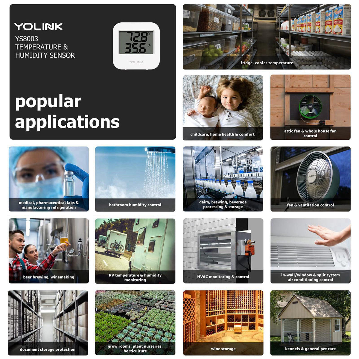 YoLink Indoor Temperature and Humidity Sensor Kit: 2-Pack + SpeakerHub – back view and specifications