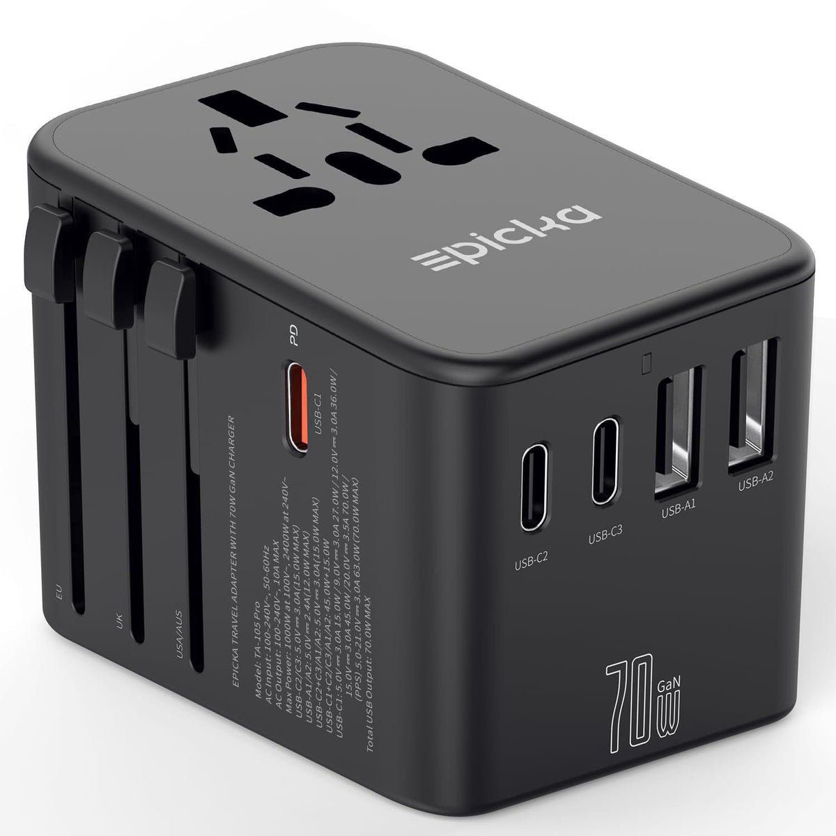 Epicka 70W GaN PD Universal Travel Adapter, 3USB-C/2USB-A – product photo (Adapters)