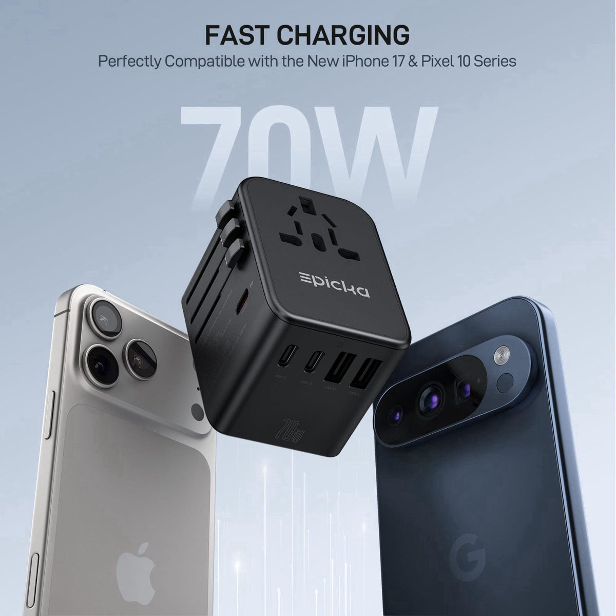 Epicka 70W GaN PD Universal Travel Adapter, 3USB-C/2USB-A – close-up detail