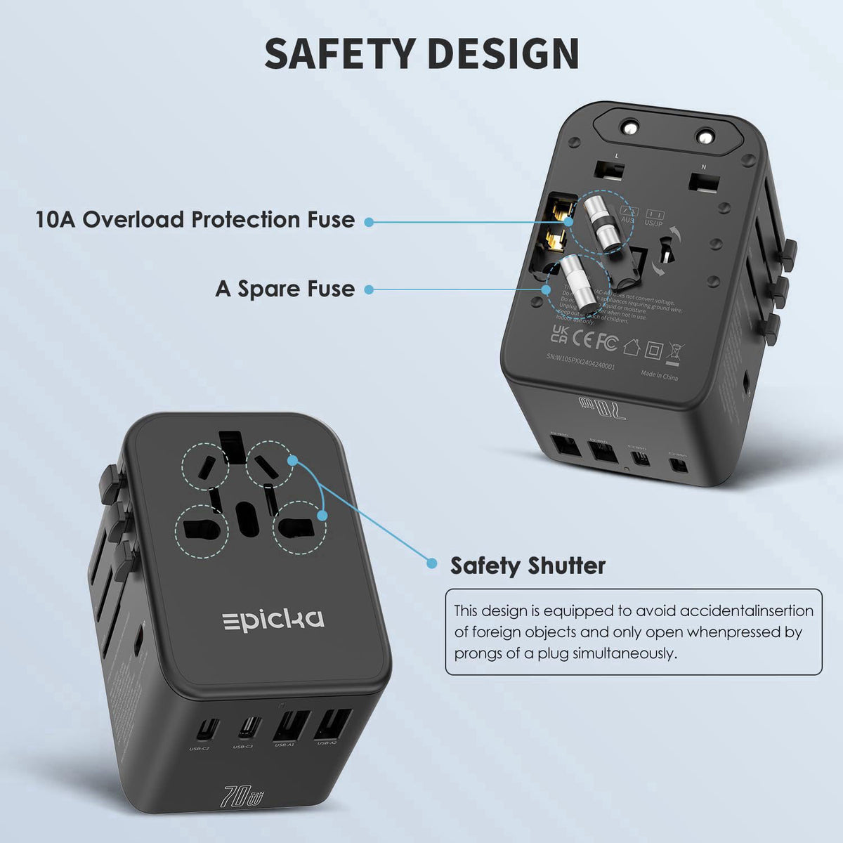 Epicka 70W GaN PD Universal Travel Adapter, 3USB-C/2USB-A – alternate angle