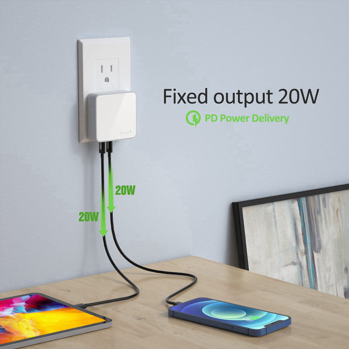 Nekmit USB C Charger, Thin Flat 52W 4-Port Fast Wall Charger with Two 20W Power Delivery and 2 Port for iPhone 14/14 Pro