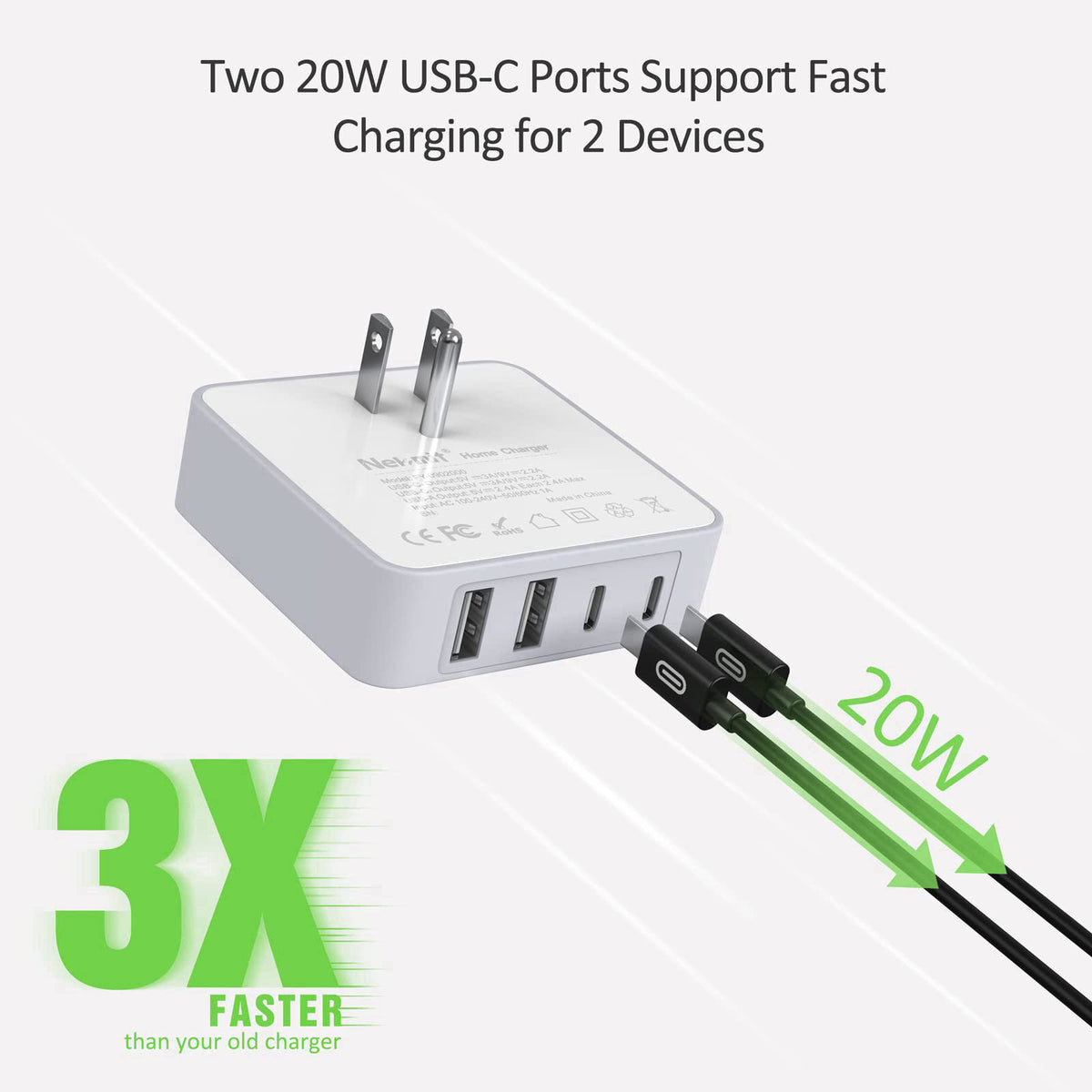 Nekmit USB C Charger, Thin Flat 52W 4-Port Fast Wall Charger with Two 20W Power Delivery and 2 Port for iPhone 14/14 Pro