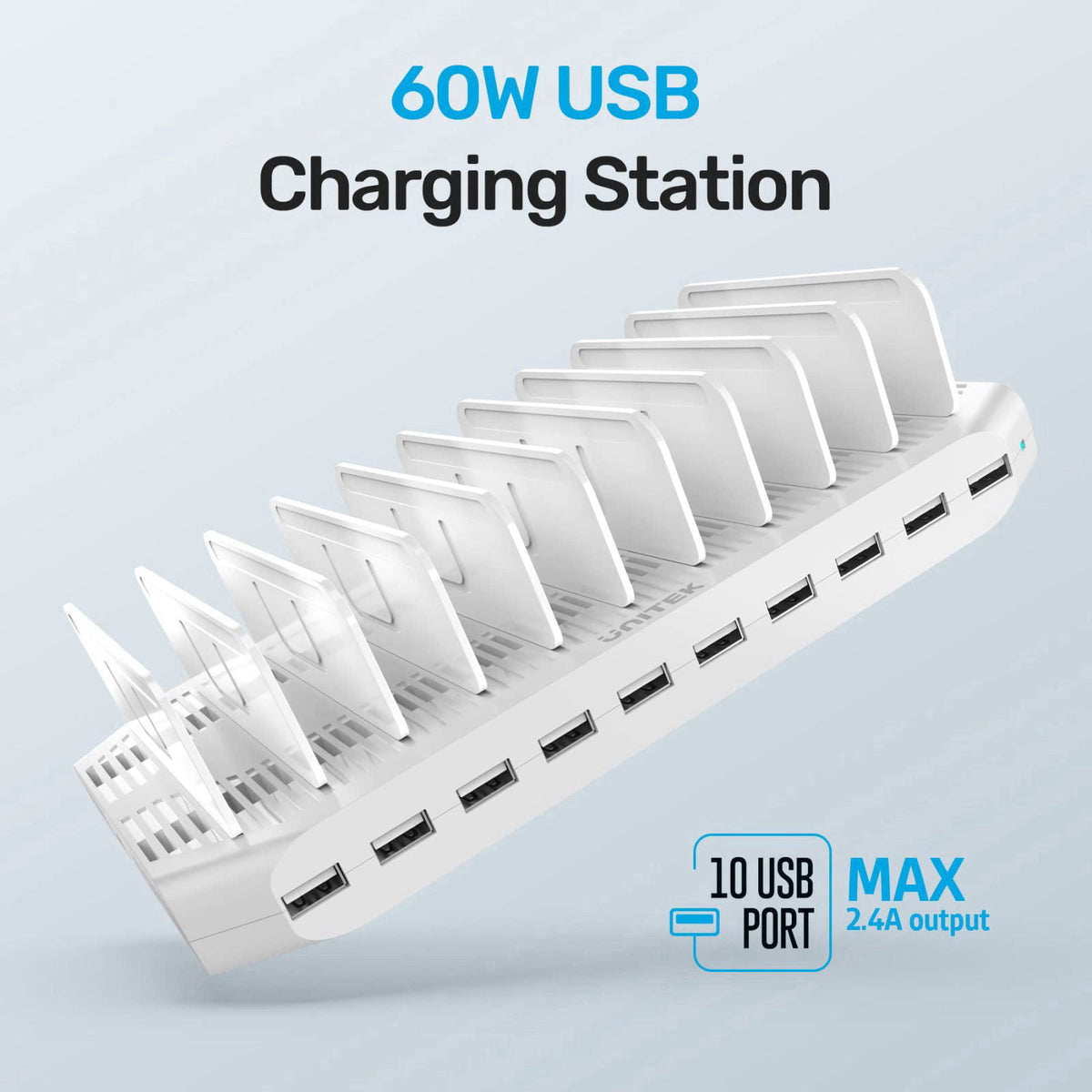 Unitek 10-Port Charging Station, USB Charger Organizer for Multiple Device – close-up detail