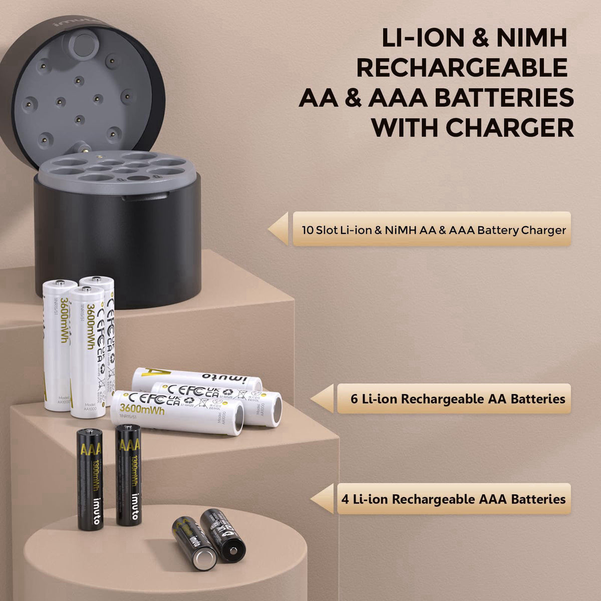 imuto AA & AAA Rechargeable Batteries with Charger, 6 AA + 4 AAA, Li-ion – close-up detail