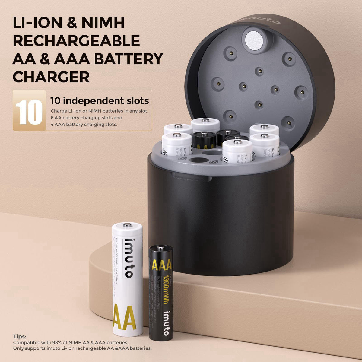 imuto AA & AAA Rechargeable Batteries with Charger, 6 AA + 4 AAA, Li-ion – packaging and label