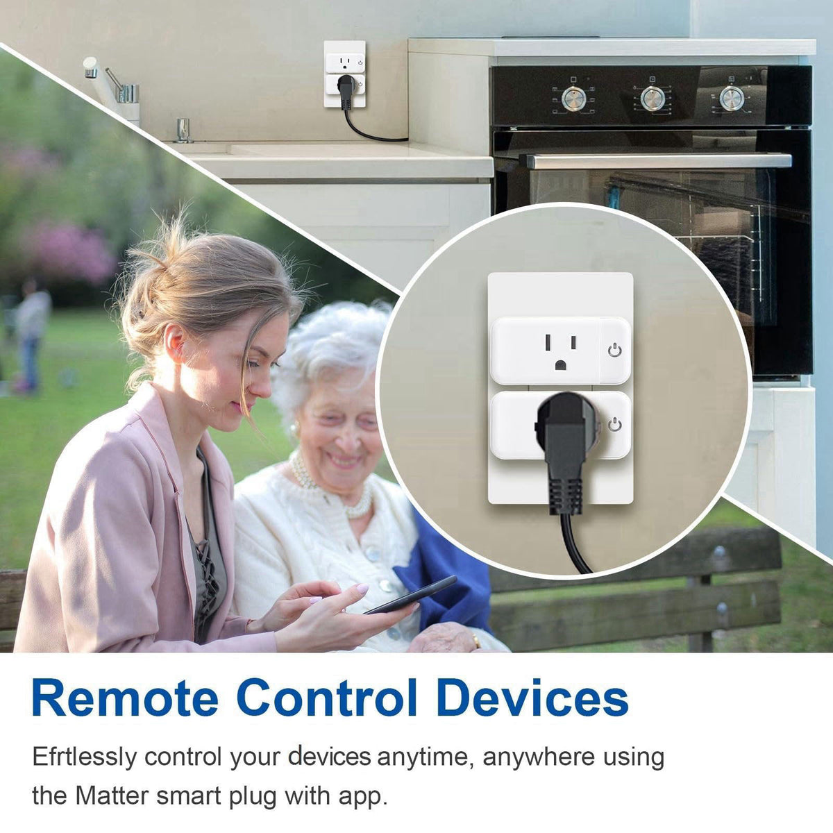 junlit Matter Smart Plug 15A, HomeKit, Siri, Alexa, Google, 2.4G, ETL&FCC, 4 PK – back view and specifications