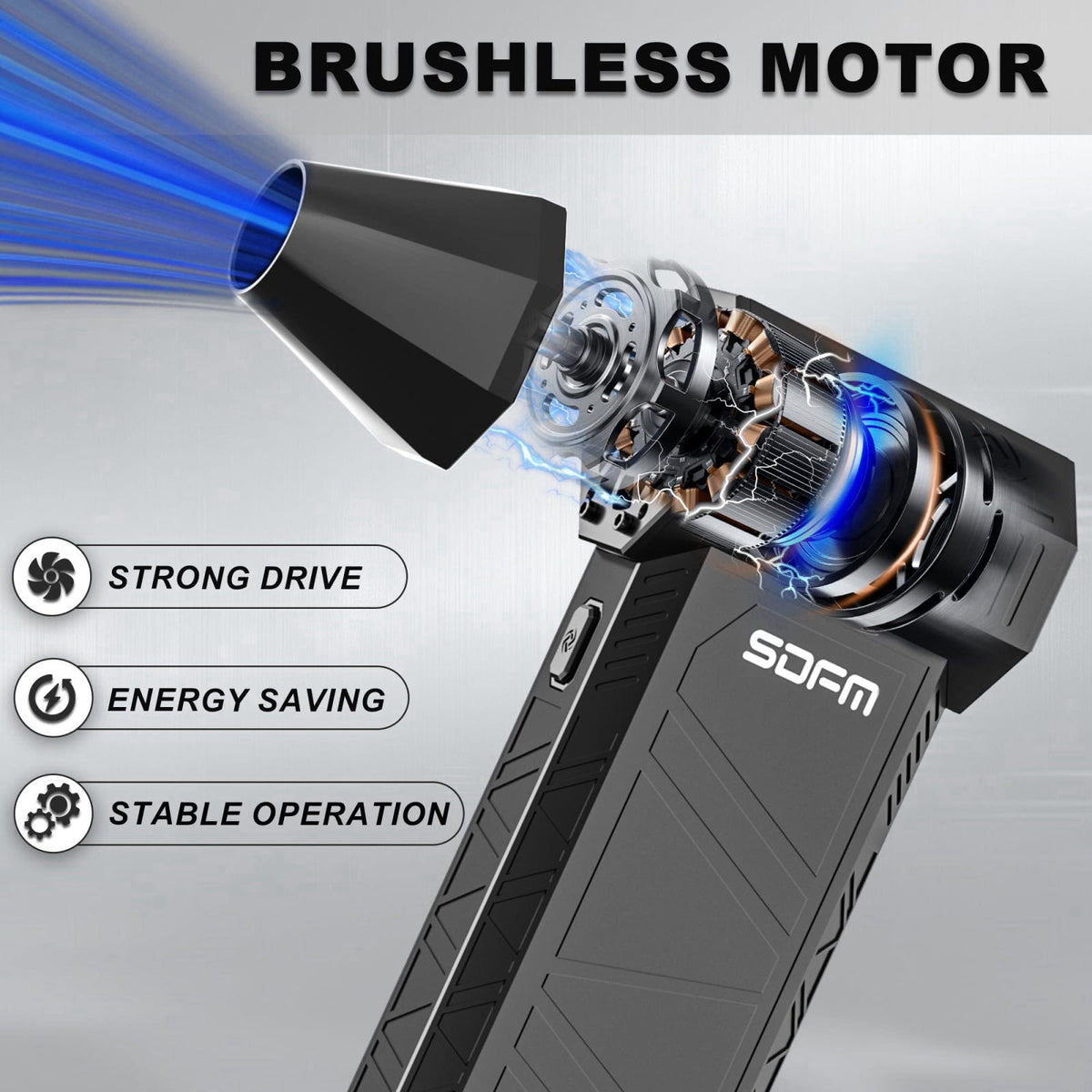SDFM Compressed Air Duster - 3-Gear Adjustable Rechargeable Air Duster – packaging and label