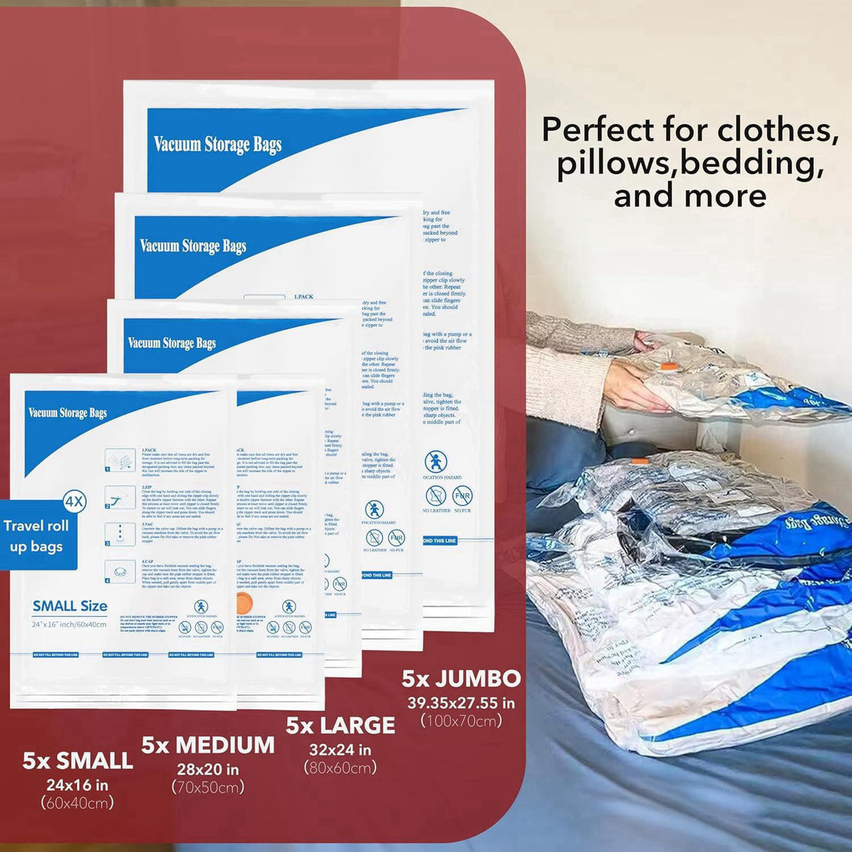 MEIQIHOME Vacuum Seal Bags for Clothing Travel & Home Storage, travel vacuum bags with pump, Store Blankets, Comforters,
