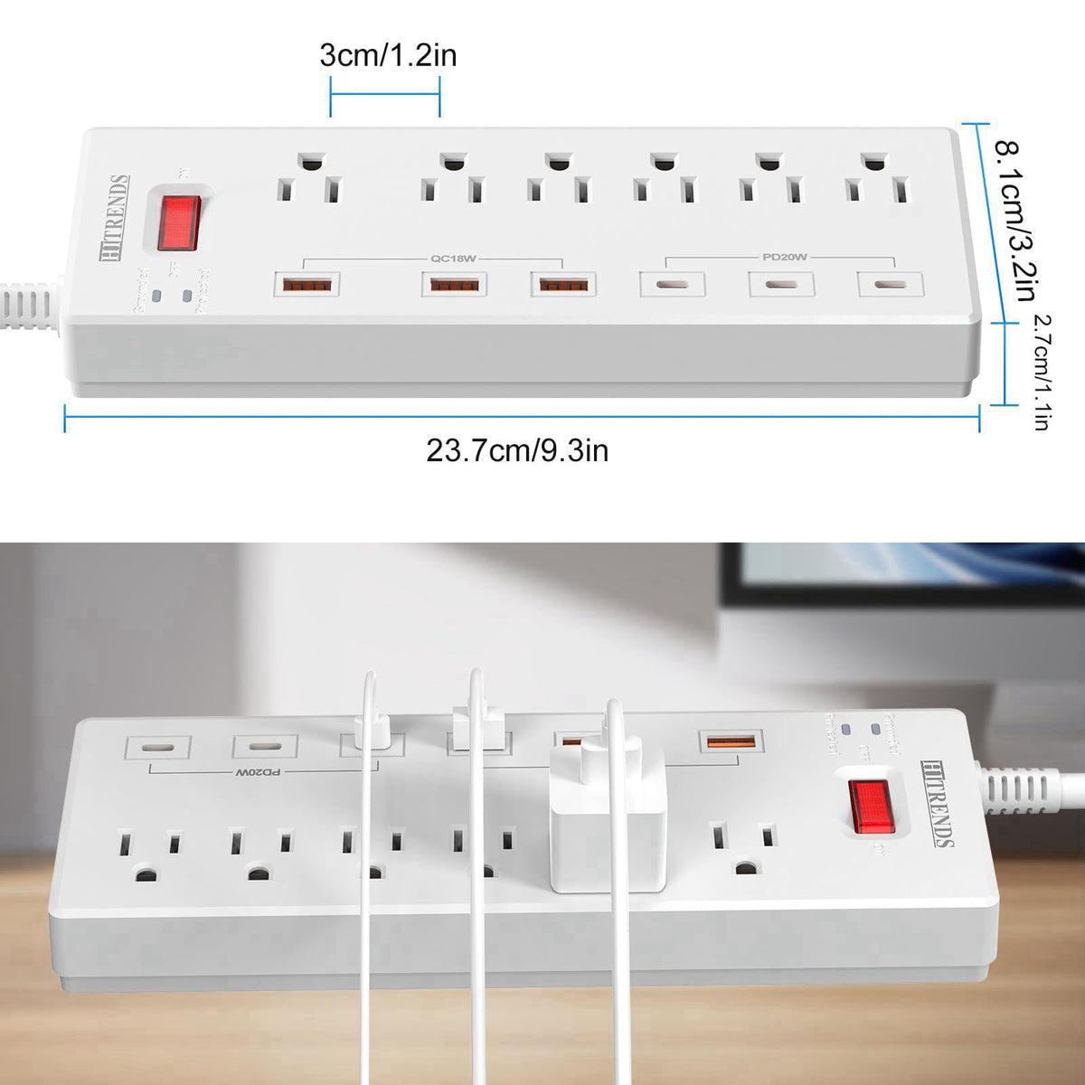 Power Strip with USB C Ports, HITRENDS Surge Protector with 6 AC Outlets & 6 USB Ports (3 USB C & 3 USB A), 20W PD Fast 