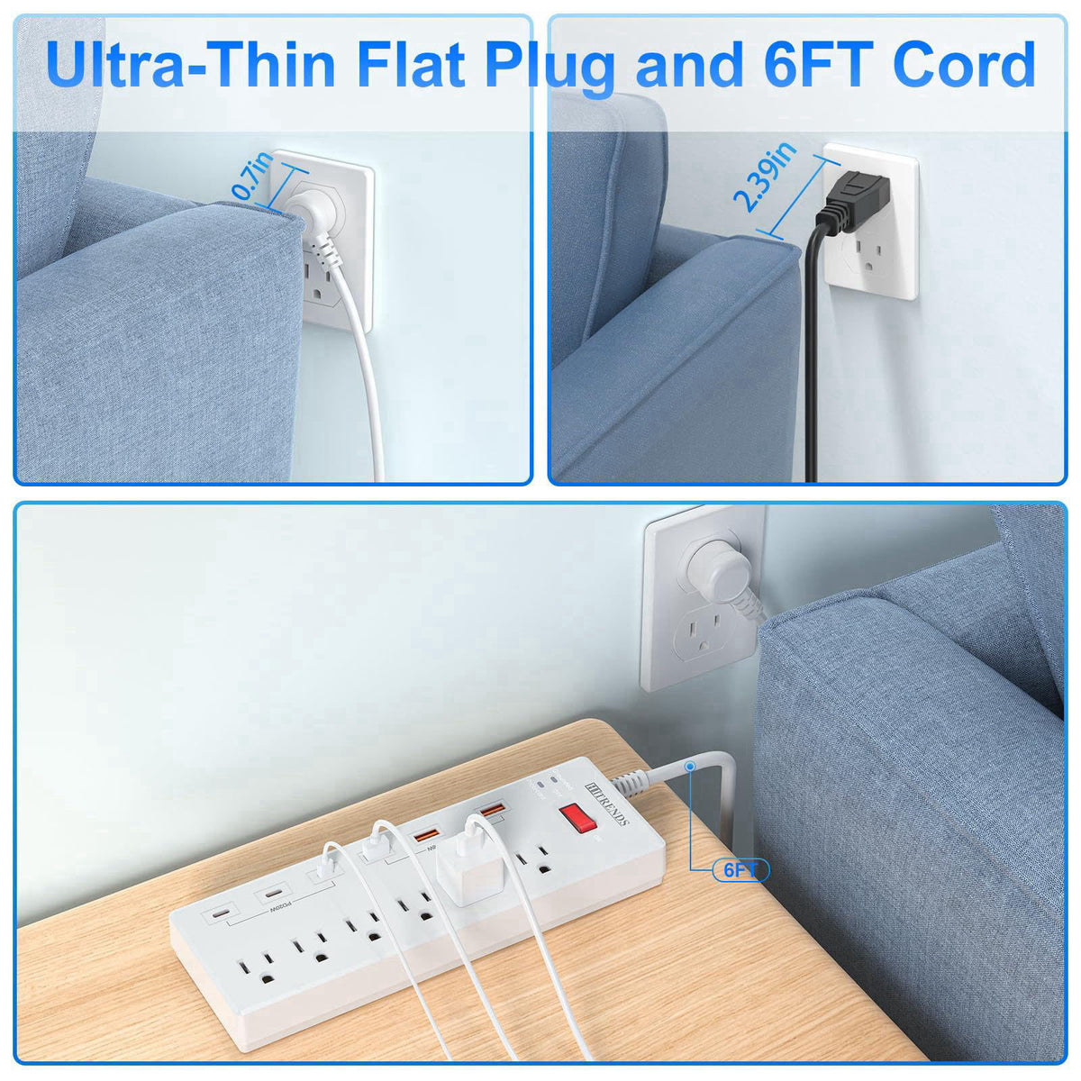 Power Strip with USB C Ports, HITRENDS Surge Protector with 6 AC Outlets & 6 USB Ports (3 USB C & 3 USB A), 20W PD Fast 