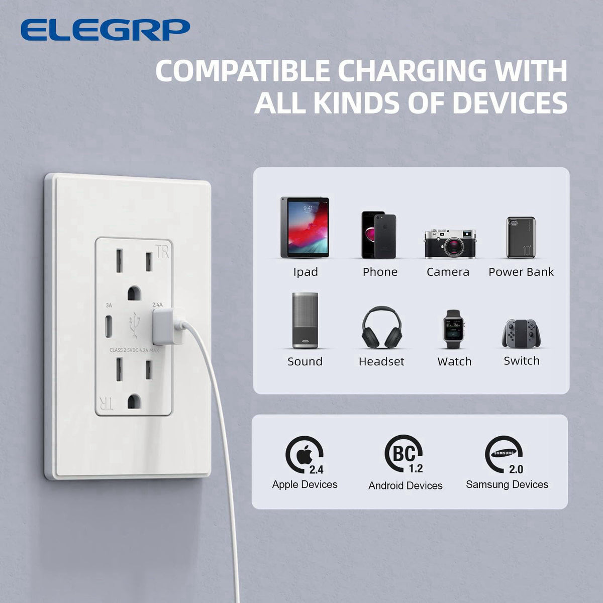 ELEGRP USB Charger Wall Outlet, Type A & C USB Ports, 15 Amp Duplex Tamper Resistant Receptacle Plug NEMA 5-15R, Wall Pl